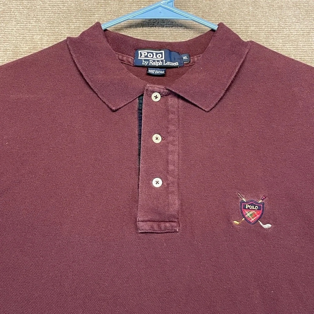 Polo Ralph Lauren Vintage Polo Shirt Men's XL Burgundy Cotton Golf Shield NEVIS